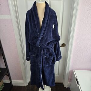 Polo Ralph Lauren Big Pony Plush Microfiber Bathrobe  O/S Navy Blue White Piping